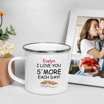Taza esmaltada con borde plateado de 11 oz con nombre y texto Personalizada I Love you S' More Cute Cartoon Biscuit Regalo de cumpleaños y San Valentín para parejas
