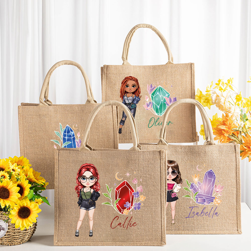 Sac en Toile de Jute Personnalisé avec Fille de Mode en Dessin Animé et Pierre de Naissance Nom Cadeau d'Anniversaire Pour Femmes