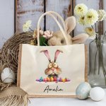 Personalisiertes Tote Bag Jute-Tasche Skurriler Osterhase mit Namen Große Kapazität Ostereiersuche Tasche Geschenk für Kinder
