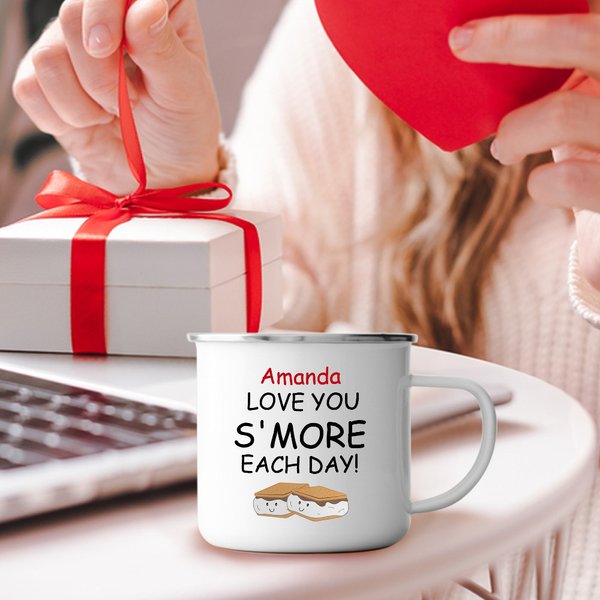 Personalised I Love you S' More Cute Cartoon Biscuit 11 oz Silver Rim Enamel Mug with Name and Text Birthday Valentine's Day Gift for Couples