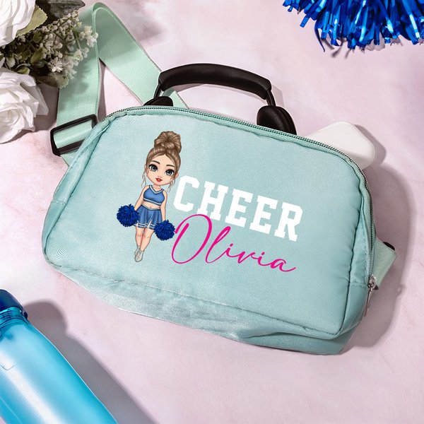 Personalizado Cartoon Cheerleader Nombre Bolsa de cintura Crossbody impermeable con correa ajustable Cumpleaños Regalo para Mujeres Niñas