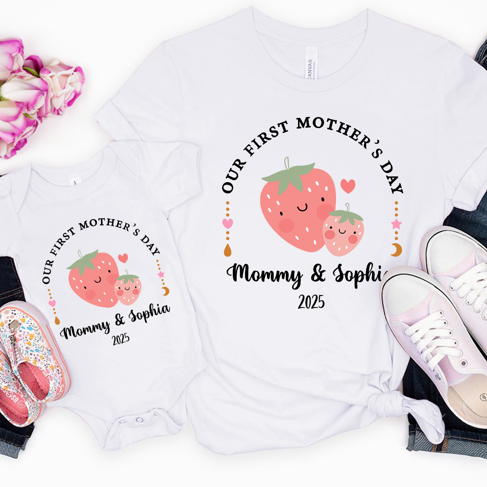 Personalized Cute Strawberry Lemon First Mother's Day Baby Onesies with Title Mother's Day Gift for New Mom Newborn