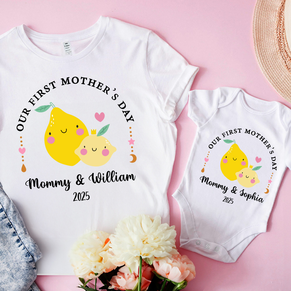 Discover Personalized Cute Strawberry Lemon First Mother's Day Baby Onesies with Title Mother's Day Gift for New Mom Newborn