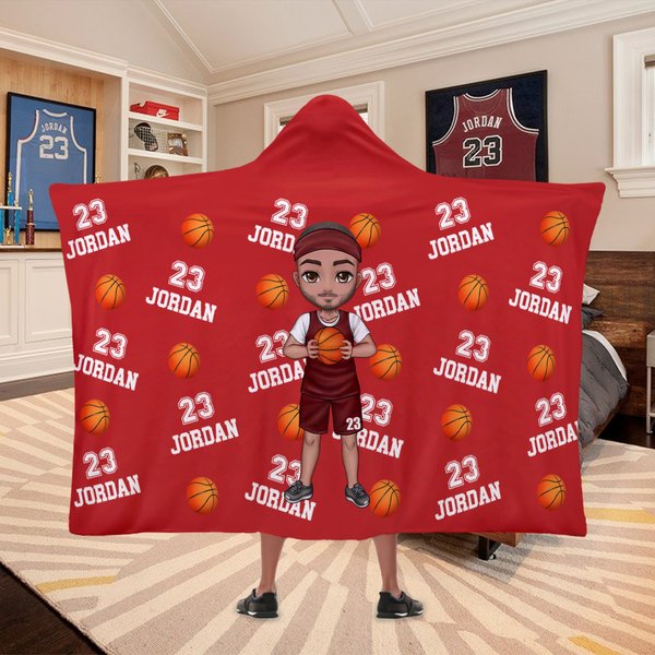 Personalized Multicolor Cartoon Character Balls Soft Hooded Blanket with Name and Number Birthday Gift for Sports Lovers