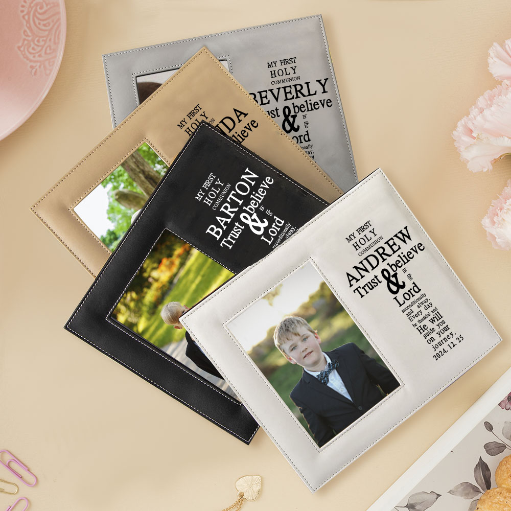 Cadre photo en cuir avec nom et année Cadeau d'anniversaire, de première communion et de baptême pour les enfants et la famille