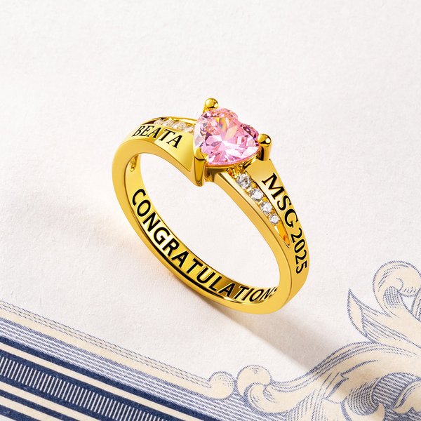 Personalized Dainty Heart Birthstone High School College Class Ring with Engraved Text Birthday Graduation Gift for Women