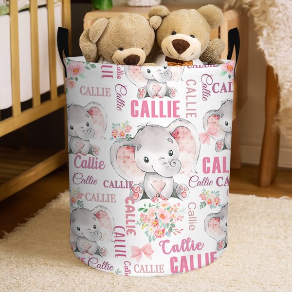 Personalized Cute Elephant Waterproof Laundry Storage Basket with Name Nursery Decor Birthday Housewarming Gift for Boys Girls