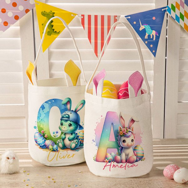 Personalized Fantasy Unicorn Dinosaur Initial Design Reusable Bunny Ears Basket with Name Party Favor Easter Hunting Birthday Gift for Kids Family