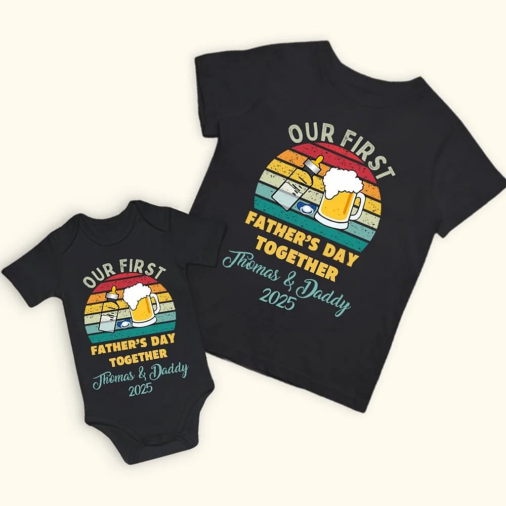 Ensemble T-shirt Onesie 100% Cotton Personnalisé avec Père et Fille Fils Nom Année Motif Bouteille de Lait et Bière Cadeau Fête des Pères pour Lui