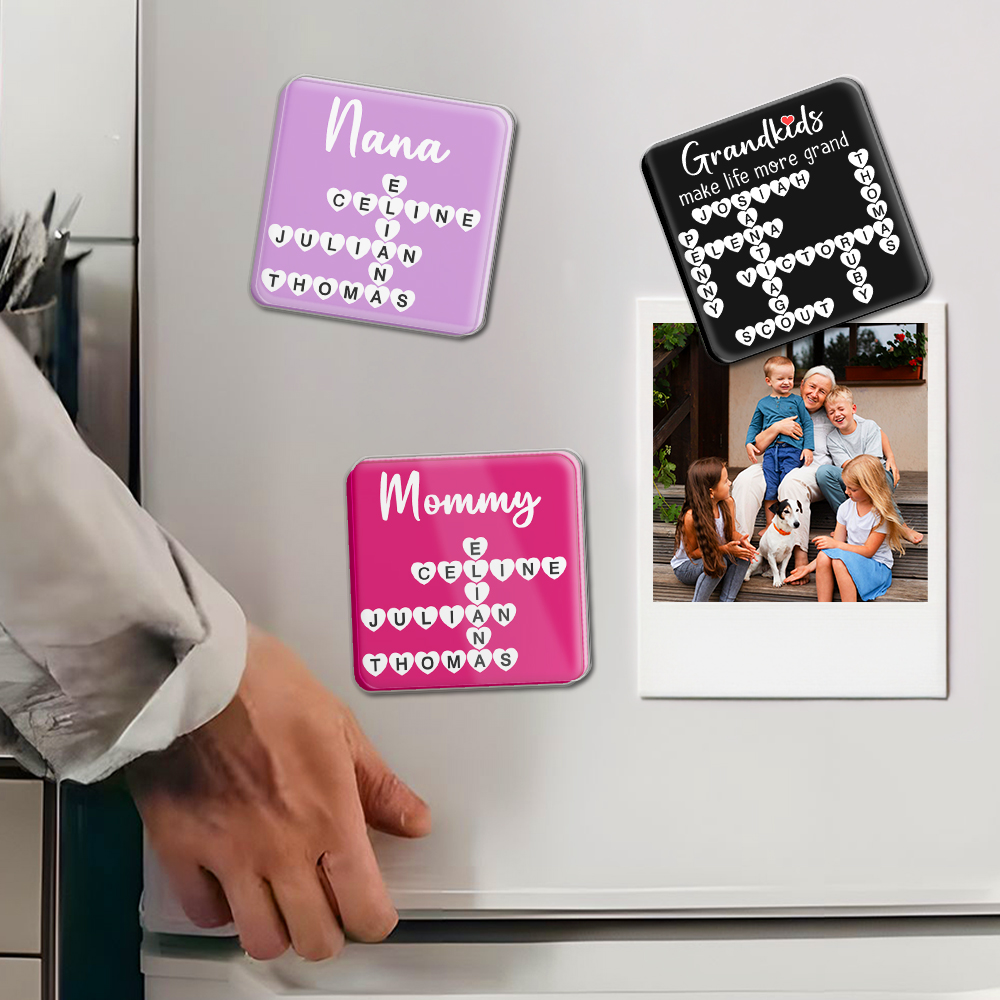 Aimant frigo personnalisé en acrylique avec 2-20 noms Mots croisés en forme de coeur Cadeau d'anniversaire pour maman grand-mère