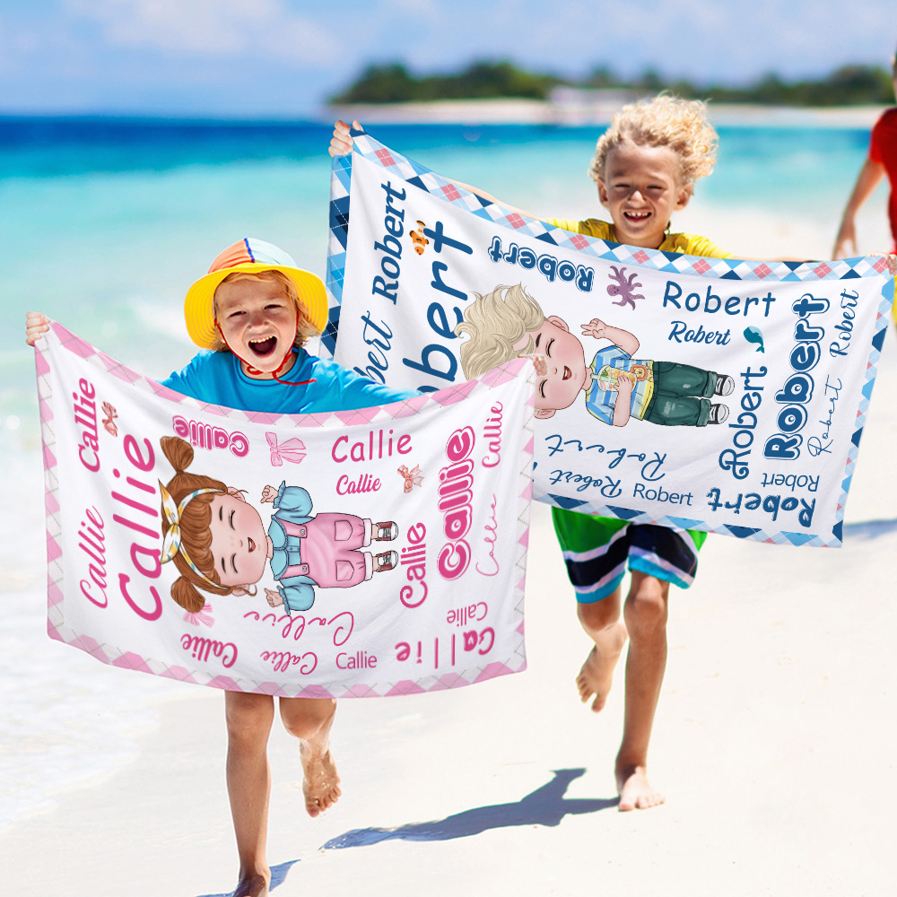 Serviette de Plage Microfibre Personnalisée avec Nom Séchage Rapide Motif Nuage de Mots Dessin Animé Cadeau d'Anniversaire pour Garçons Filles
