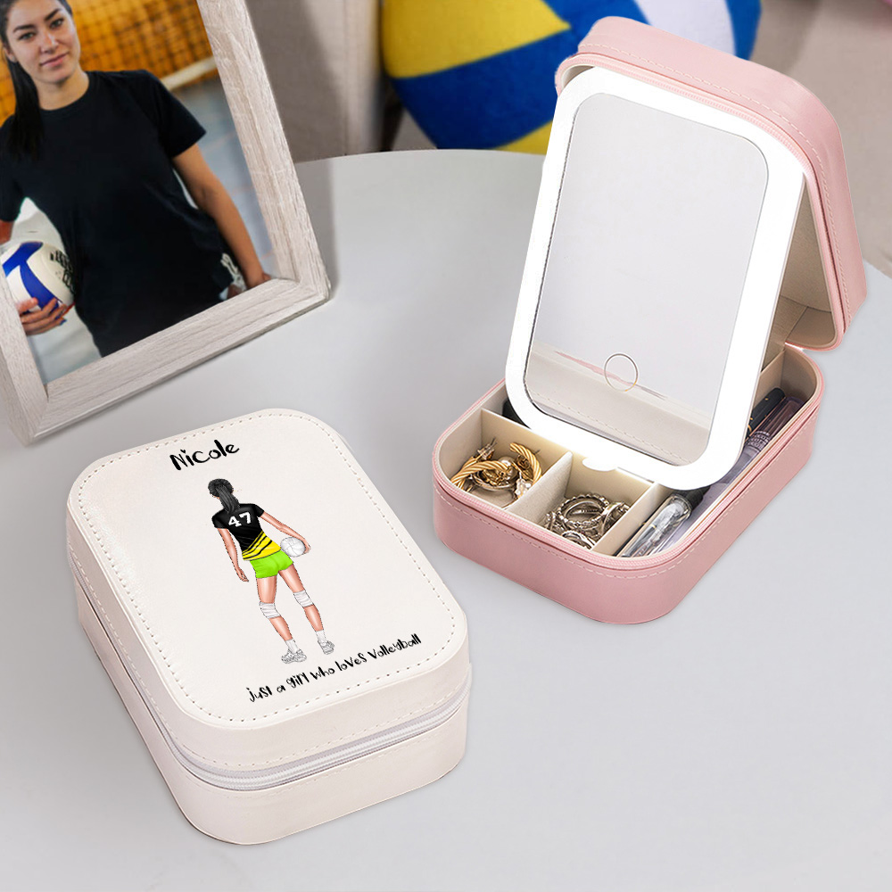 Boîte à bijoux en cuir PU avec miroir de maquillage LED Accessoire de voyage portable Cadeau d'anniversaire pour les femmes et les filles