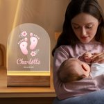 Personalized Cute Footprint Design Acrylic LED Night Light with Wooden Base Name and Text Baby Shower Room Decor Birthday Gift for Baby New Mom