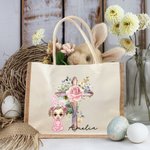 Gepersonaliseerde Cartoonfiguur Kruis 1-5 Geboorte Bloemen Grote Jute Draagtas met Naam en Handvat Pasen Religieus Geschenk voor Familie Christen