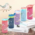 Personalized Floral Leaf Wreath Cross 12 oz Name Insulated Water Bottle with Silicone Straw and Spill-Proof Lid First Communion Baptism Gift for Kids