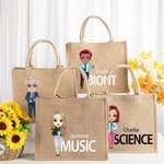 Personalizada de dibujos animados de moda Maestro Bolsa de yute con el nombre y el tema de cumpleaños de vuelta a la escuela Día del Maestro de regalo para el maestro