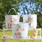Personalizada Floral Cruz 1-5 Nacimiento Flores Conejito Orejas Caricatura Personaje Lienzo Bucket Bolsa con Nombre Pascua Huevo Caza Fiesta Regalo para Niños