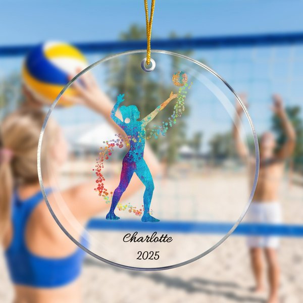 Personalisierte Aquarell Volleyball Spieler Silhouette Acryl Ornament mit Namen und Jahr Weihnachtsbaumschmuck Sport Geschenk für Volleyball-Liebhaber