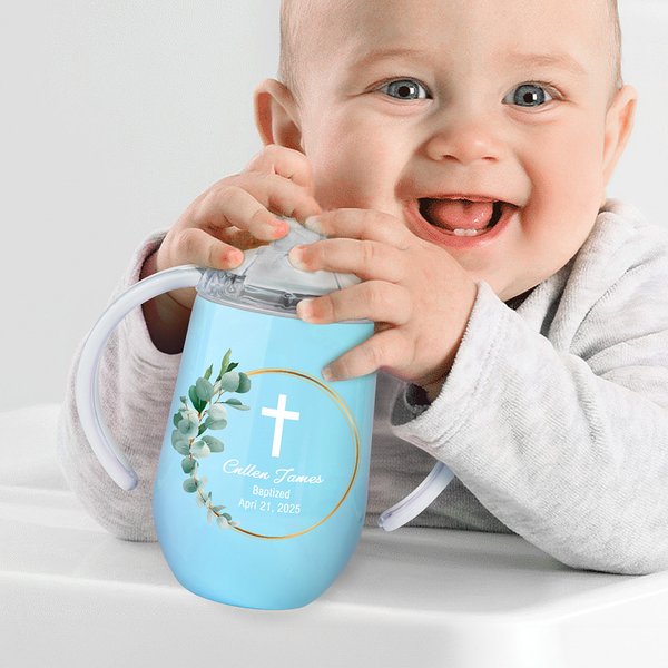Personalized Floral Leaf Wreath Cross 10 oz Insulated Name Sippy Cup with Lid and Handle First Communion Christening Baptism Gift for Toddler Kids