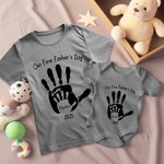 Personalized Our First Father’s Day Handprint 100% Cotton Baby Bodysuit T-shirt Matching Set with Name and Year Gift for Dad Baby