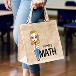 Personalizada de dibujos animados de moda Maestro Bolsa de yute con el nombre y el tema de cumpleaños de vuelta a la escuela Día del Maestro de regalo para el maestro