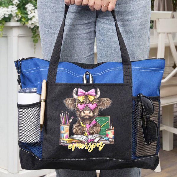 Personlig Highland Cow Mesh-fickor Oxford Tote Bag med namn och dragkedja Tillbaka till skolan Examen Lärarens dag Present för akademiker Lärare