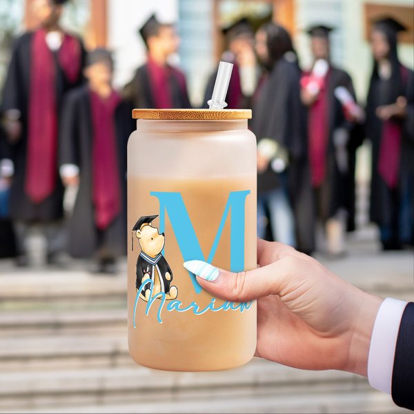Personalized Classic Winnie the Pooh 20 oz Clear Frosted Glass Tumbler with Name Lid and Straw Birthday Graduation Gift for Graduates
