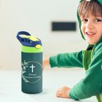 Personalized Floral Leaf Wreath Cross 12 oz Name Insulated Water Bottle with Silicone Straw and Spill-Proof Lid First Communion Baptism Gift for Kids