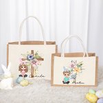 Gepersonaliseerde Cartoonfiguur Kruis 1-5 Geboorte Bloemen Grote Jute Draagtas met Naam en Handvat Pasen Religieus Geschenk voor Familie Christen