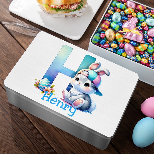Gepersonaliseerde schattige cartoon Bunny voedsel-grade metalen koekjes opbergblik doos met initiaal en naam verjaardag Pasen geschenk voor kinderen