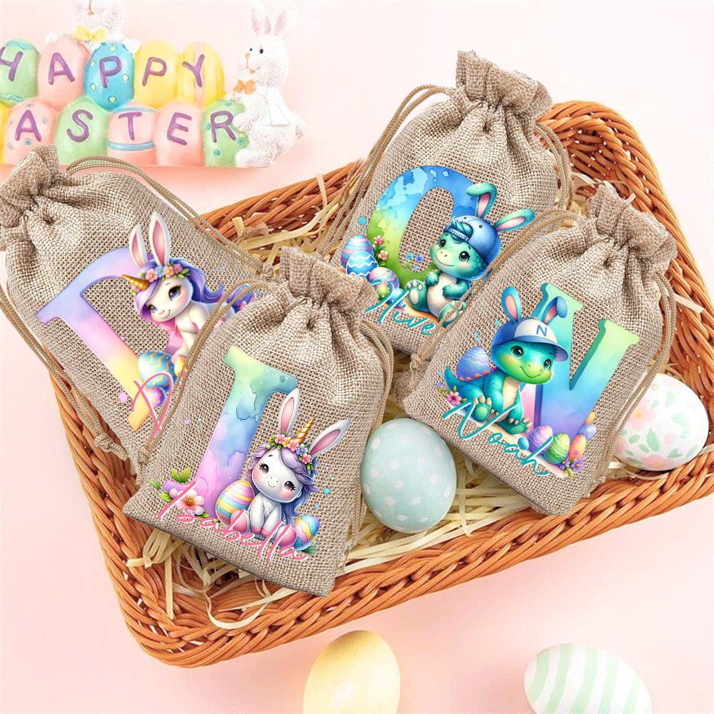 Sac en toile de jute réutilisable avec nom Cadeau de chasse à Pâques pour enfants Famille