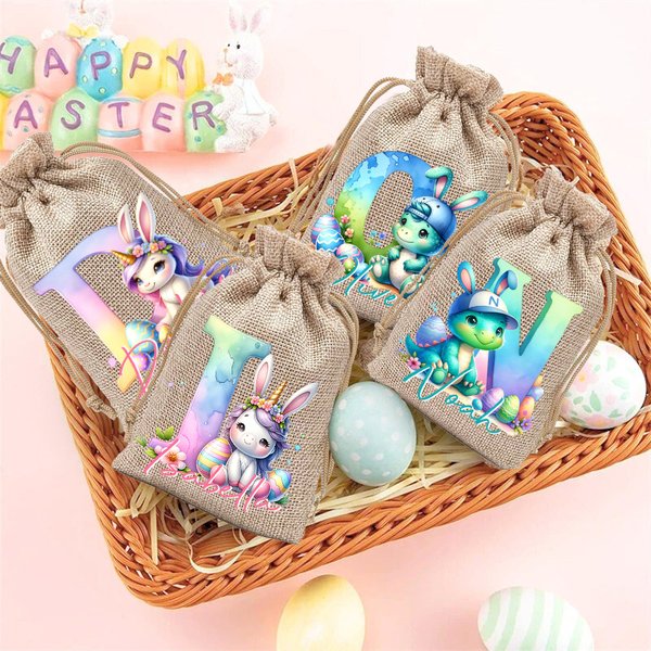 Personalized Fantasy Unicorn Dinosaur Initial Design Reusable Drawstring Burlap Bag with Name Party Favor Easter Hunting Gift for Kids Family