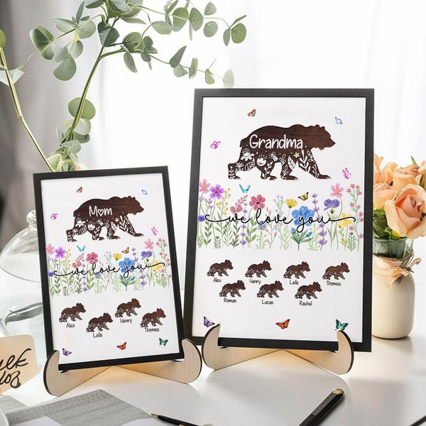 Gepersonaliseerde Floral Bear Mama and Kid Houten Plaquette Frame met 1-12 Naam Home Decor Verjaardag Moederdag Cadeau voor Moeder Grootmoeder