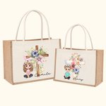 Gepersonaliseerde Cartoonfiguur Kruis 1-5 Geboorte Bloemen Grote Jute Draagtas met Naam en Handvat Pasen Religieus Geschenk voor Familie Christen