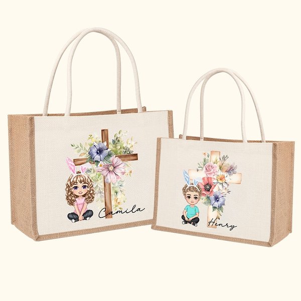 Personalized Cartoon Character Cross 1-5 Birth Flowers Large Jute Tote Bag with Name and Handle Easter Birthday Religious Gift for Family Christian