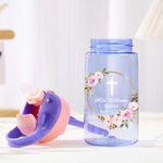 Personalised Floral Leaf Cross 16 oz Kid Water Bottle with Handle and Silicone Straw Birthday Back to School Gift for Boys Girls