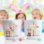 Personalizada Floral Cruz 1-5 Nacimiento Flores Conejito Orejas Caricatura Personaje Lienzo Bucket Bolsa con Nombre Pascua Huevo Caza Fiesta Regalo para Niños
