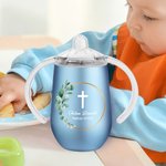 Personalized Floral Leaf Wreath Cross 10 oz Insulated Name Sippy Cup with Lid and Handle First Communion Christening Baptism Gift for Toddler Kids