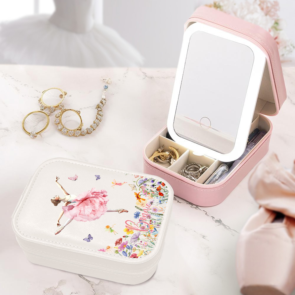Boîte à bijoux personnalisée pour fille avec nom avec miroir de maquillage LED à couleur changeante Anniversaire Cadeau d'anniversaire pour filles femmes