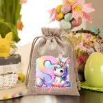 Personalized Fantasy Unicorn Dinosaur Initial Design Reusable Drawstring Burlap Bag with Name Party Favor Easter Hunting Gift for Kids Family