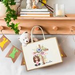 Gepersonaliseerde Cartoonfiguur Kruis 1-5 Geboorte Bloemen Grote Jute Draagtas met Naam en Handvat Pasen Religieus Geschenk voor Familie Christen