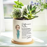 Personalised Difference Maker Cartoon Character Ceramic Planter Pot with Drainage and Bamboo Base Appreciation Gift for Nurse Doctor Medical Staff