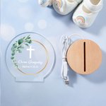 Personalisiertes Blumenkranz Kreuz LED-Nachtlicht mit Text Holzsockel Haus Deko Taufe Konfirmation Babyparty Geschenk für Kinder
