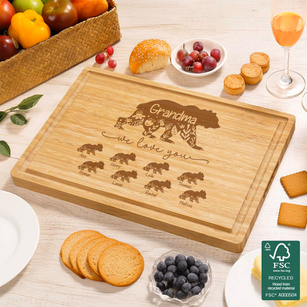 Planche à découper pour charcuterie en bambou FSC avec rainure pour le jus de fruit Cadeau d'anniversaire pour maman grand-mère