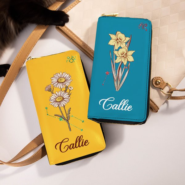 Personalisierte Zodiac Geburt Blume PU Leder Portemonnaie mit Namen und mehrere Fächer Muttertag Geburtstag Geschenk für Frauen Mädchen