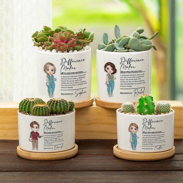 Personalised Difference Maker Cartoon Character Ceramic Planter Pot with Drainage and Bamboo Base Appreciation Gift for Nurse Doctor Medical Staff