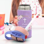 Personalized Floral Leaf Wreath Cross 12 oz Name Insulated Water Bottle with Silicone Straw and Spill-Proof Lid First Communion Baptism Gift for Kids