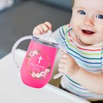 Personalized Floral Leaf Wreath Cross 10 oz Insulated Name Sippy Cup with Lid and Handle First Communion Christening Baptism Gift for Toddler Kids
