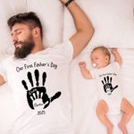 Personalized Our First Father’s Day Handprint 100% Cotton Baby Bodysuit T-shirt Matching Set with Name and Year Gift for Dad Baby