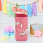 Personalized Floral Leaf Wreath Cross 12 oz Name Insulated Water Bottle with Silicone Straw and Spill-Proof Lid First Communion Baptism Gift for Kids